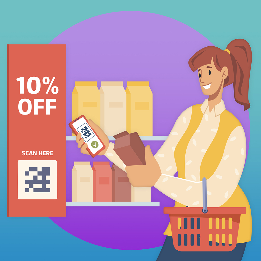 Woman shopping scanning a 10 percent off bar code