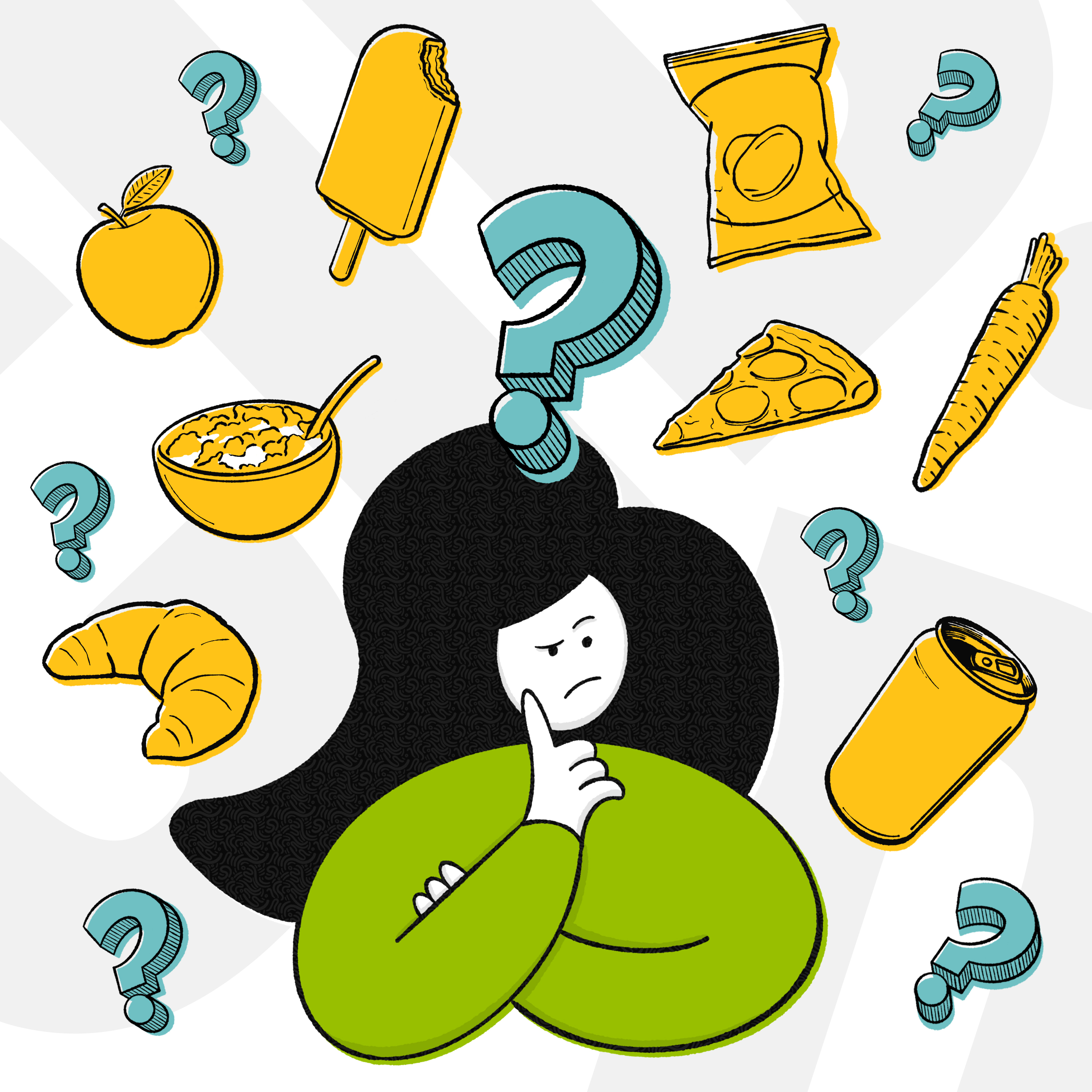 Cartoon woman thinking about the food high in fat, salt and sugar 